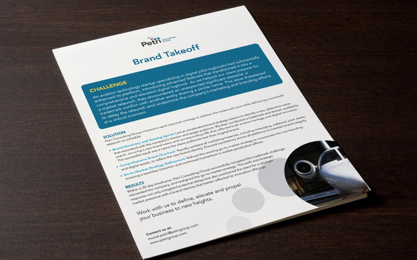 Petri printed one-sheet — Brand Takeoff case study