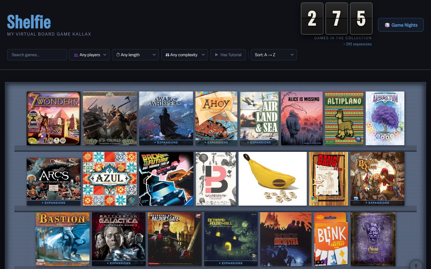 The Shelfie virtual Kallax — the board game collection as box-art tiles on shelves